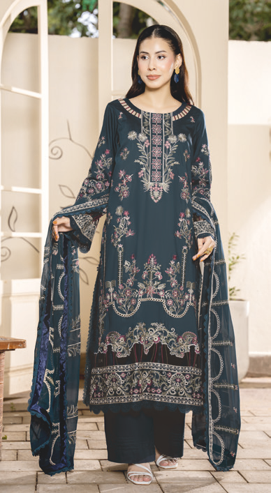Classy Embroidered Silk Viscose Unstitched Suit with Bamber Chiffon Dupatta