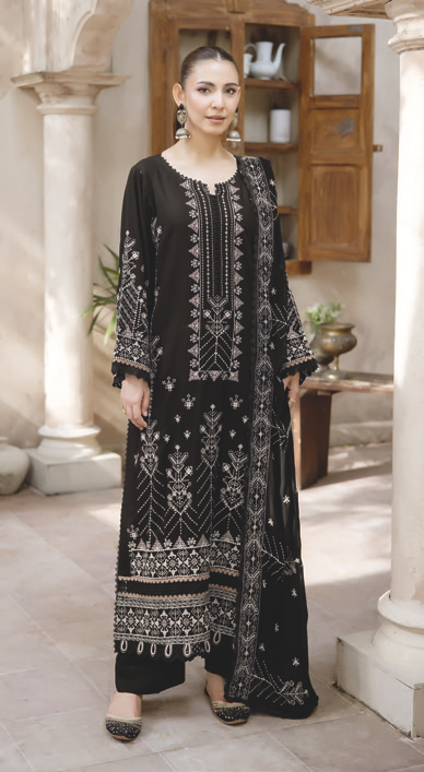 Embroidered Silk Viscose Winter Suit with Embroidered Bamber Chiffon Dupatta
