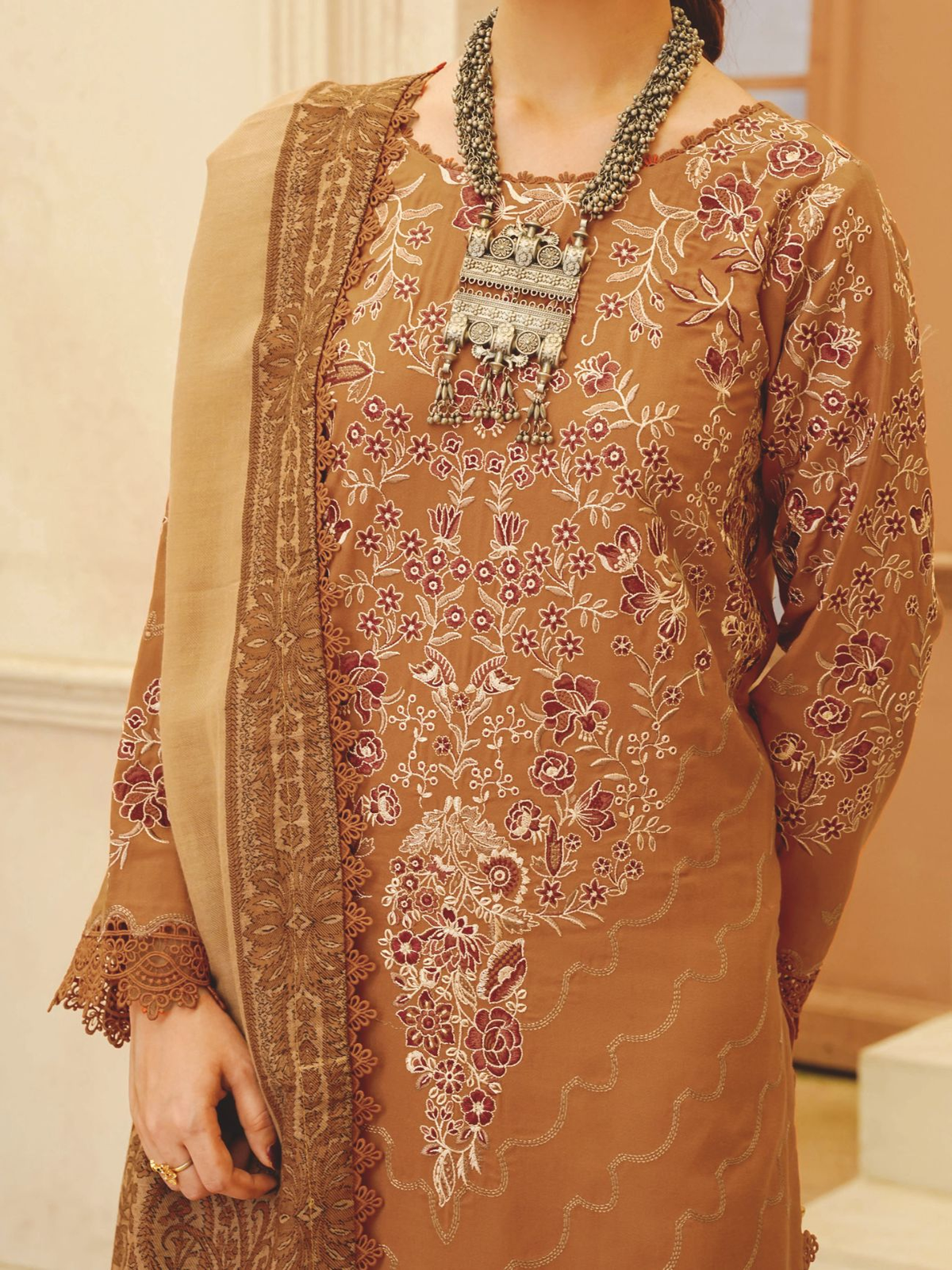 Luxury Embroidered Winter Wear with Jacquard Wool Shawl