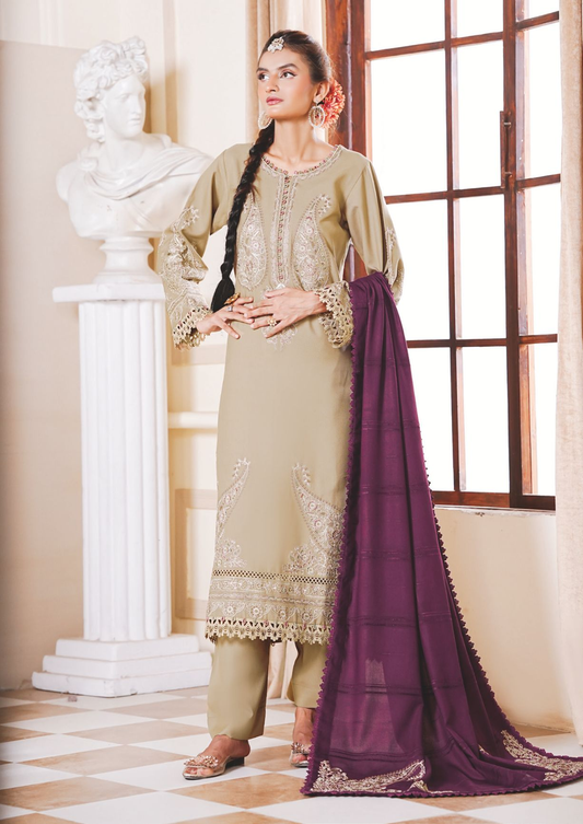 Elegant Embroidered Winter Suit with Jacquard Luxury Wool Shawl
