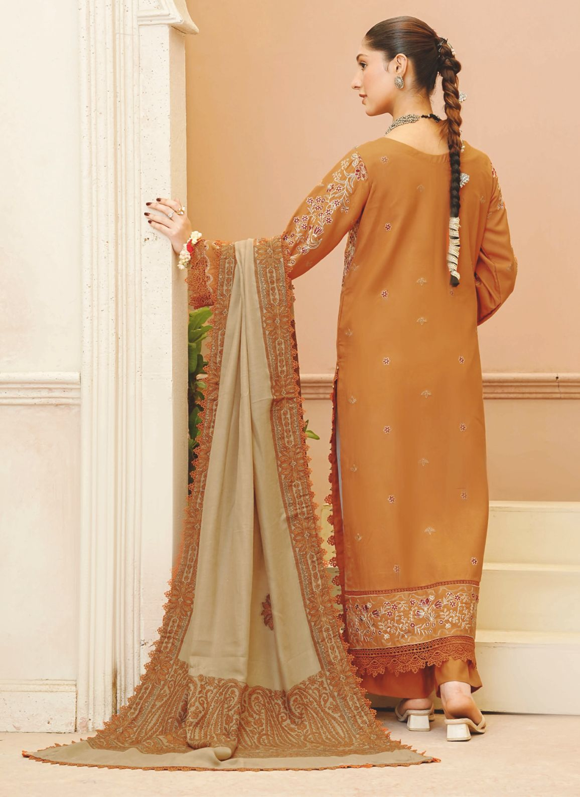Luxury Embroidered Winter Wear with Jacquard Wool Shawl