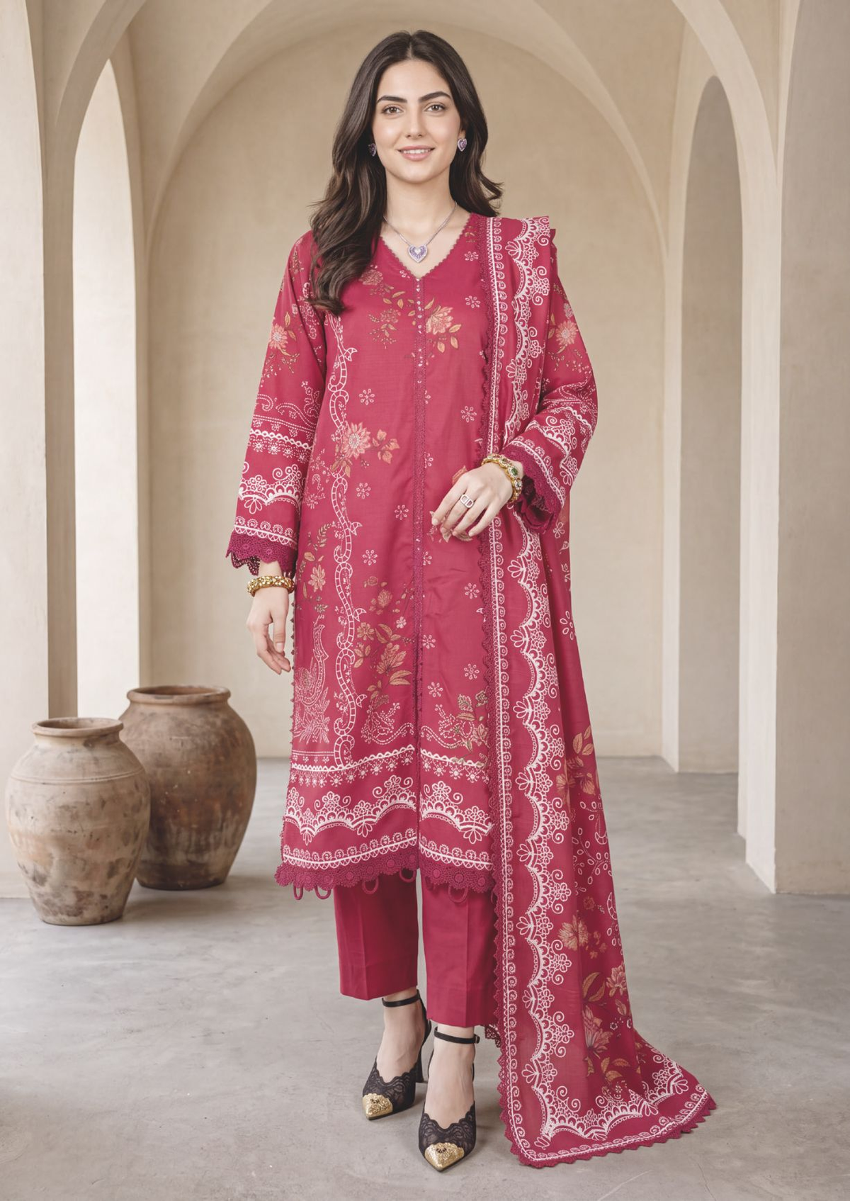 Stylish Printed Winter Dress with Beautiful Matching Shawl