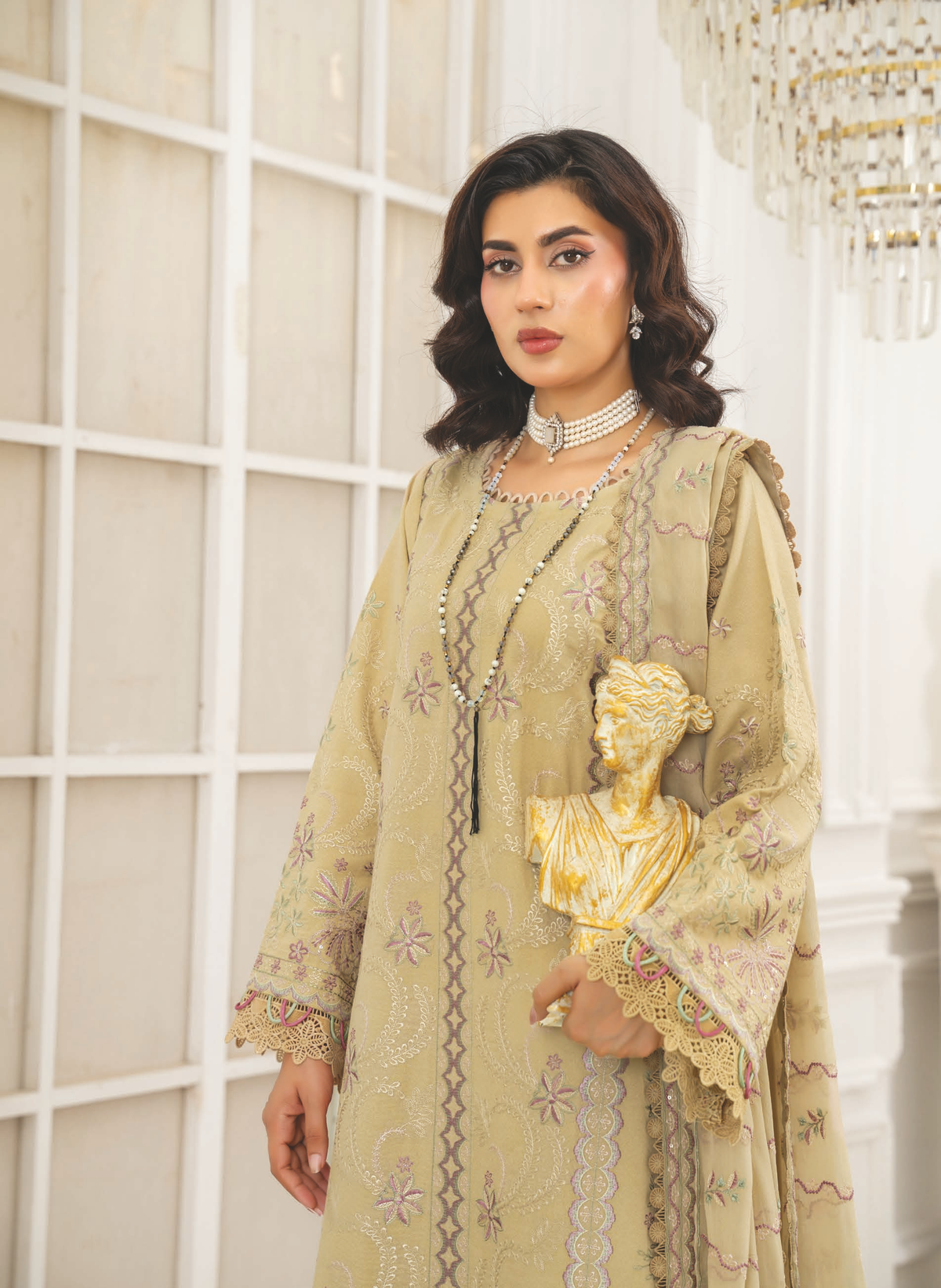 Premium Resham Karandi Suit with Embroidered Bamber Chiffon Dupatta