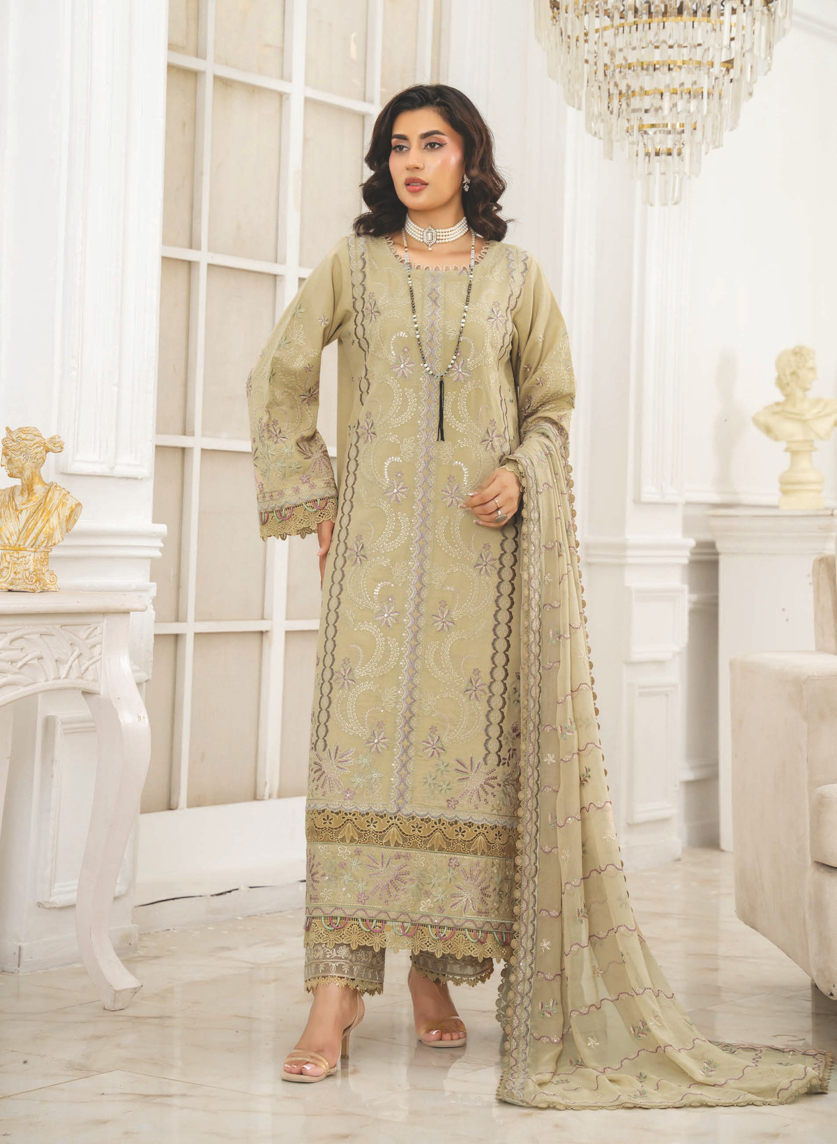 Premium Resham Karandi Suit with Embroidered Bamber Chiffon Dupatta