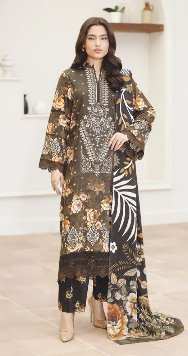 Luxury Embroidered Slub 3-Piece Suit with Printed Shawal – Sophisticated Winter Style