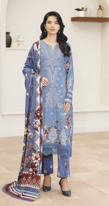 Embroidered Staple Slub Women’s 3-Piece Suit with Printed Shawal – Premium Collection