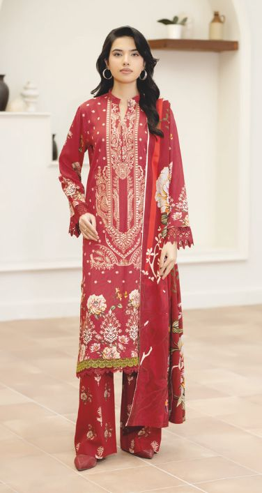 Premium Staple Slub Embroidered 3-Piece Suit with Printed Shawal – Women’s Collection