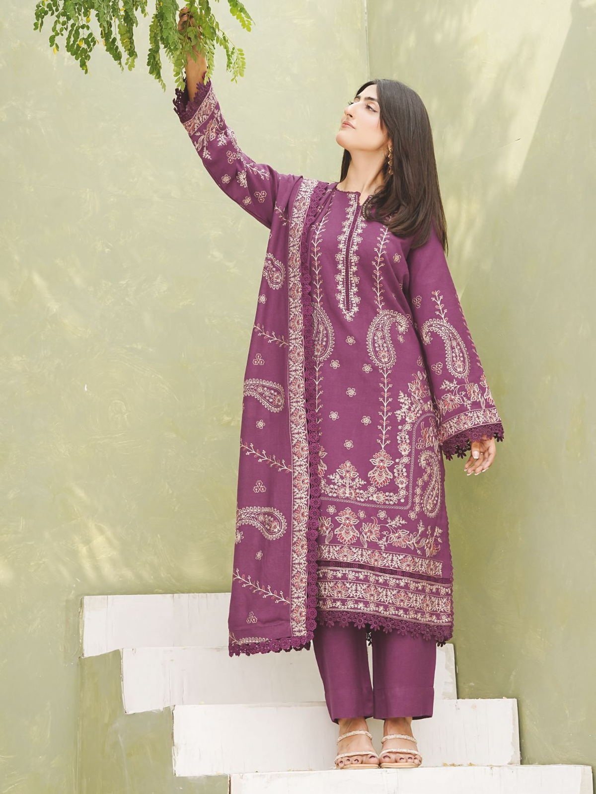 Premium Embroidered Peach Leather 3-Piece Suit with Wool Shawl