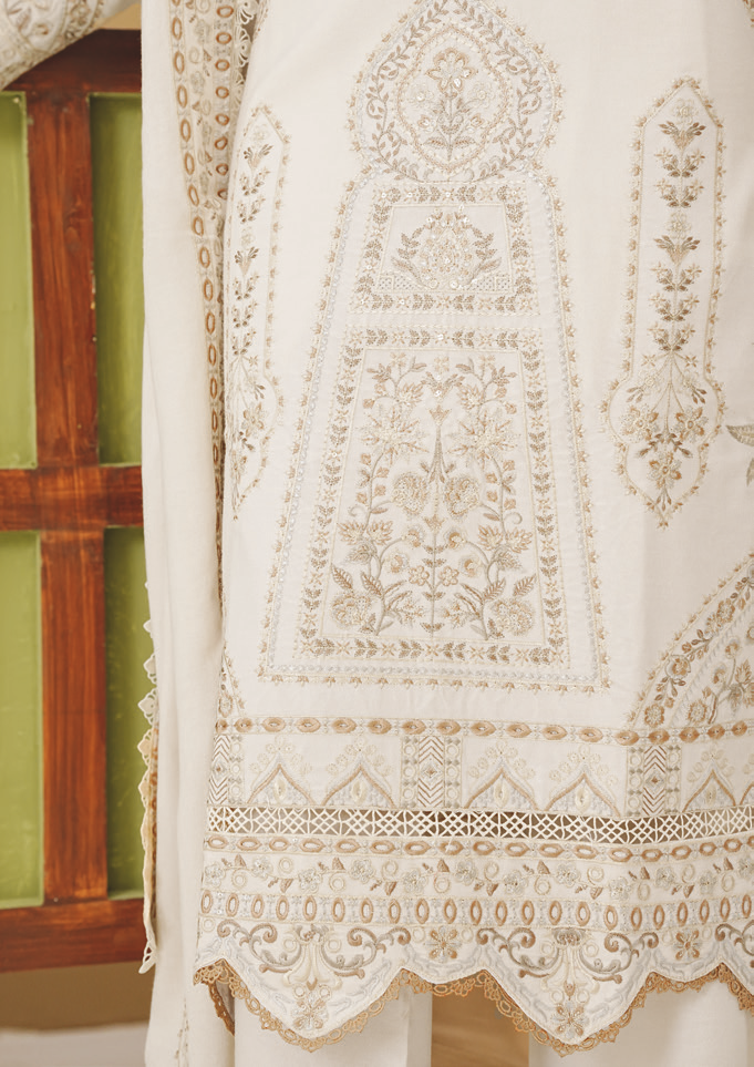 Luxury Peach Leather Winter Suit with Intricate Embroidery
