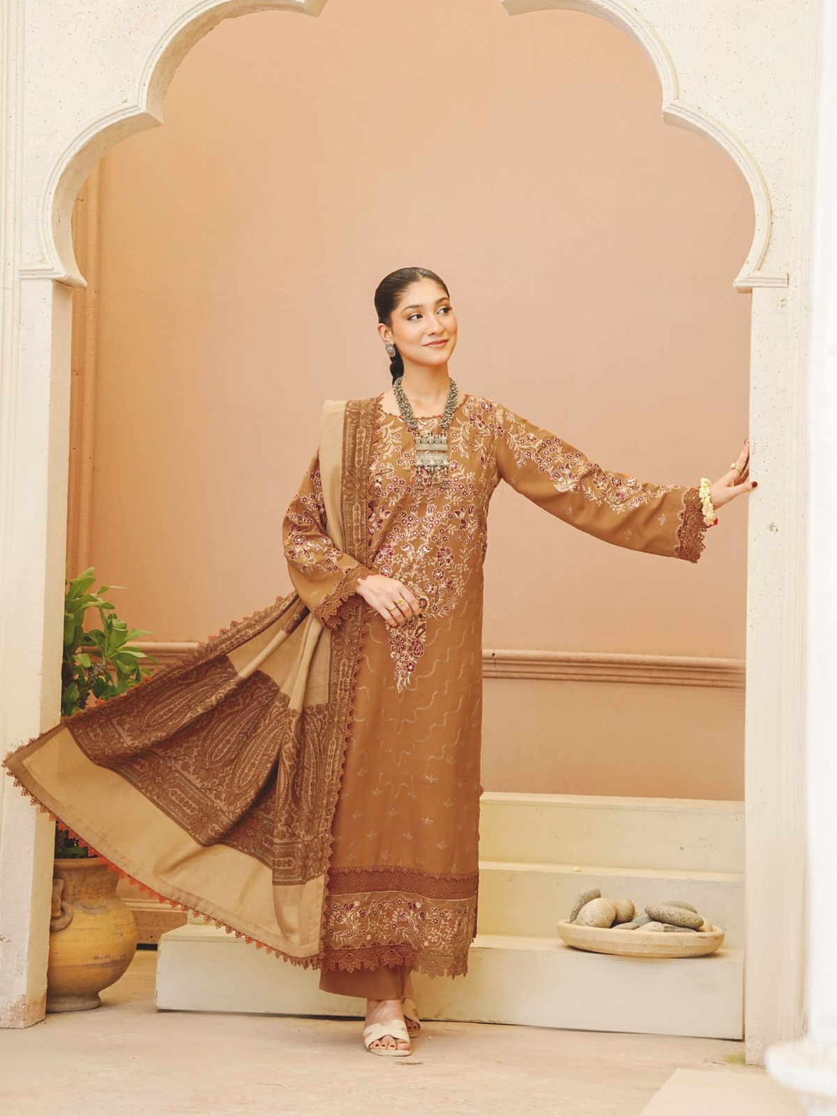 Luxury Embroidered Winter Wear with Jacquard Wool Shawl