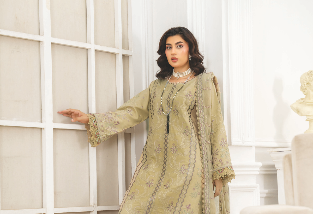 Premium Resham Karandi Suit with Embroidered Bamber Chiffon Dupatta