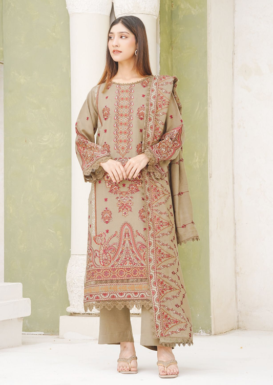 Luxury Peach Leather Dress with Intricate Embroidery and Wool Shawl
