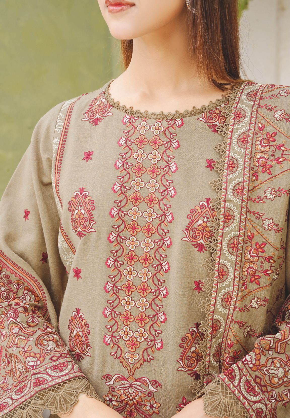 Luxury Peach Leather Dress with Intricate Embroidery and Wool Shawl