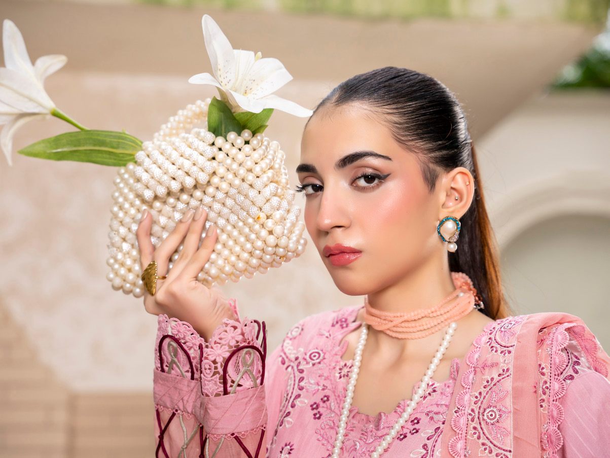 Pastel Pink Embroidered Silk Viscose 3 Piece Suit with Bamber Chiffon Dupatta