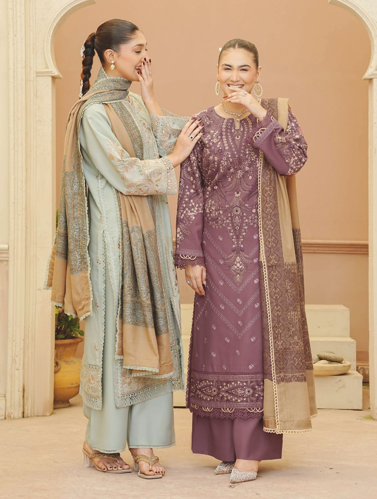Embroidered Winter Luxury Suit with Jacquard Wool Shawl