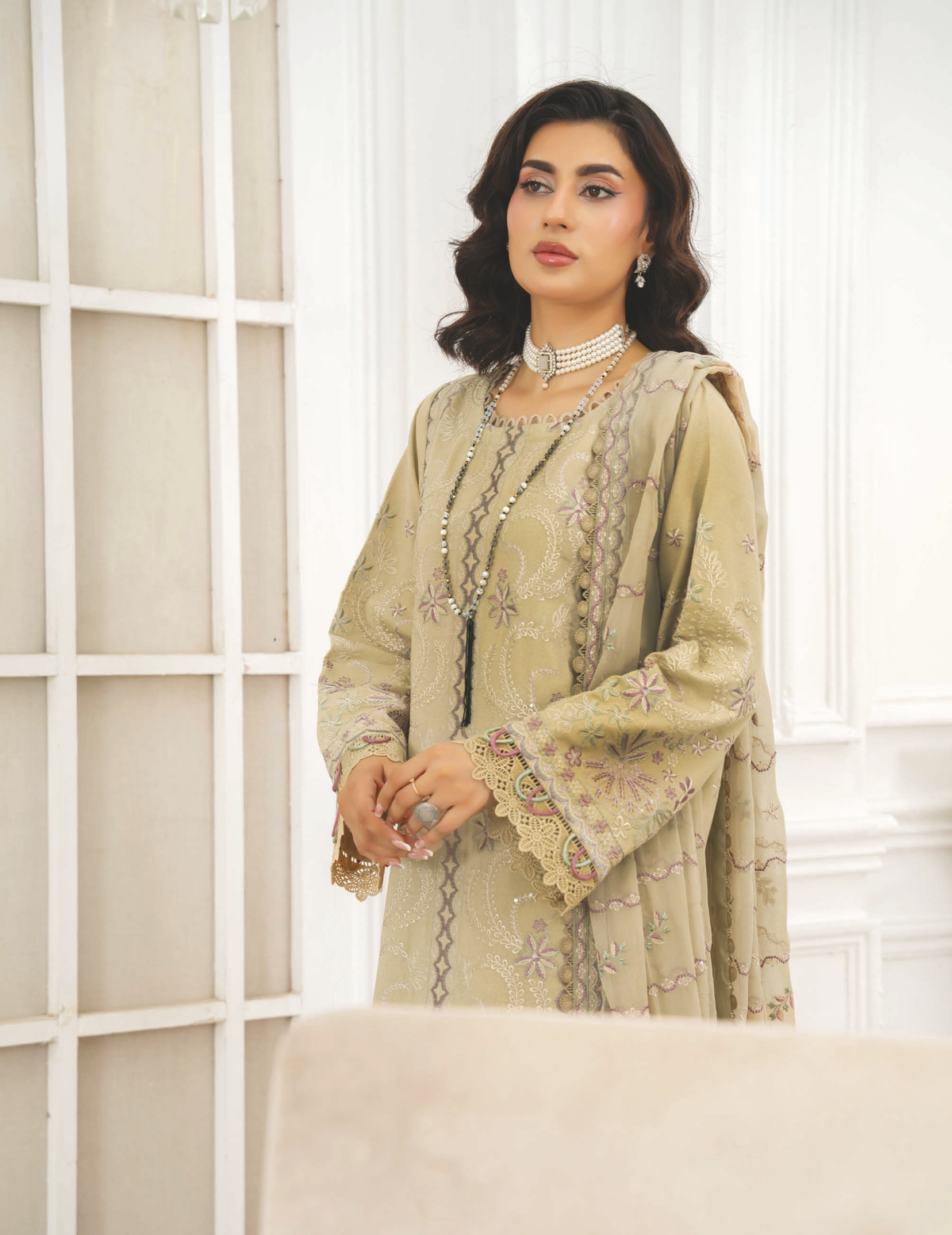 Premium Resham Karandi Suit with Embroidered Bamber Chiffon Dupatta