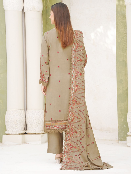 Luxury Peach Leather Dress with Intricate Embroidery and Wool Shawl