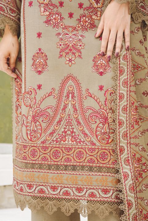 Luxury Peach Leather Dress with Intricate Embroidery and Wool Shawl
