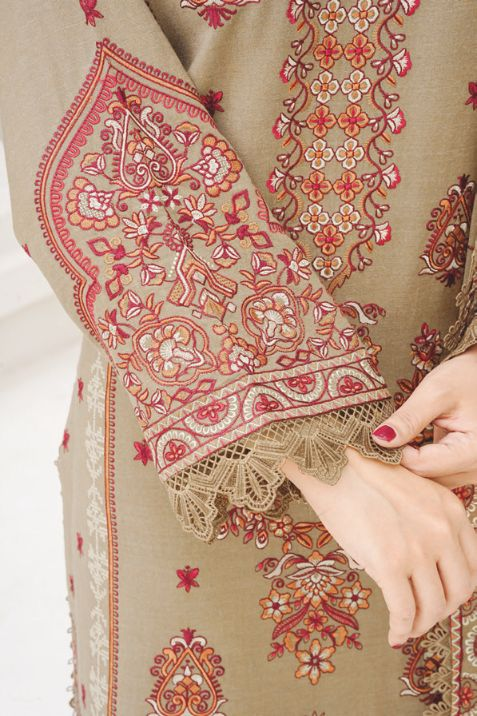 Luxury Peach Leather Dress with Intricate Embroidery and Wool Shawl