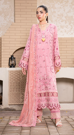 Pastel Pink Embroidered Silk Viscose 3 Piece Suit with Bamber Chiffon Dupatta
