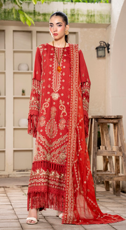 Red Embroidered Silk Viscose 3 Piece Suit with Bamber Chiffon Dupatta