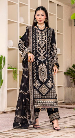 Black Embroidered Silk Viscose 3 Piece Suit with Bamber Chiffon Dupatta