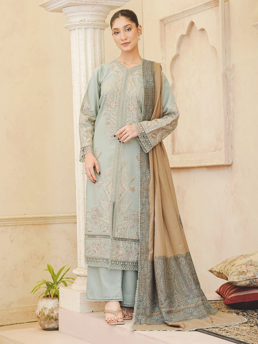 Elegant Winter Embroidered Suit with Luxury Jacquard Shawl