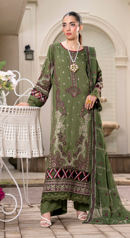 Olive Green Embroidered Silk Viscose 3 Piece Suit with Bamber Chiffon Dupatta
