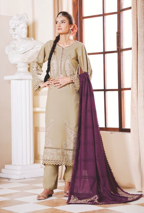 Elegant Embroidered Winter Suit with Jacquard Luxury Wool Shawl