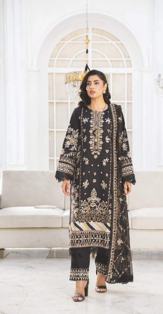 Luxury Resham Karandi Embroidered Suit with Chiffon Dupatta