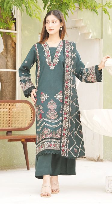 Traditional Embroidered Peach Leather 3-Piece Dress with Luxury Shawl