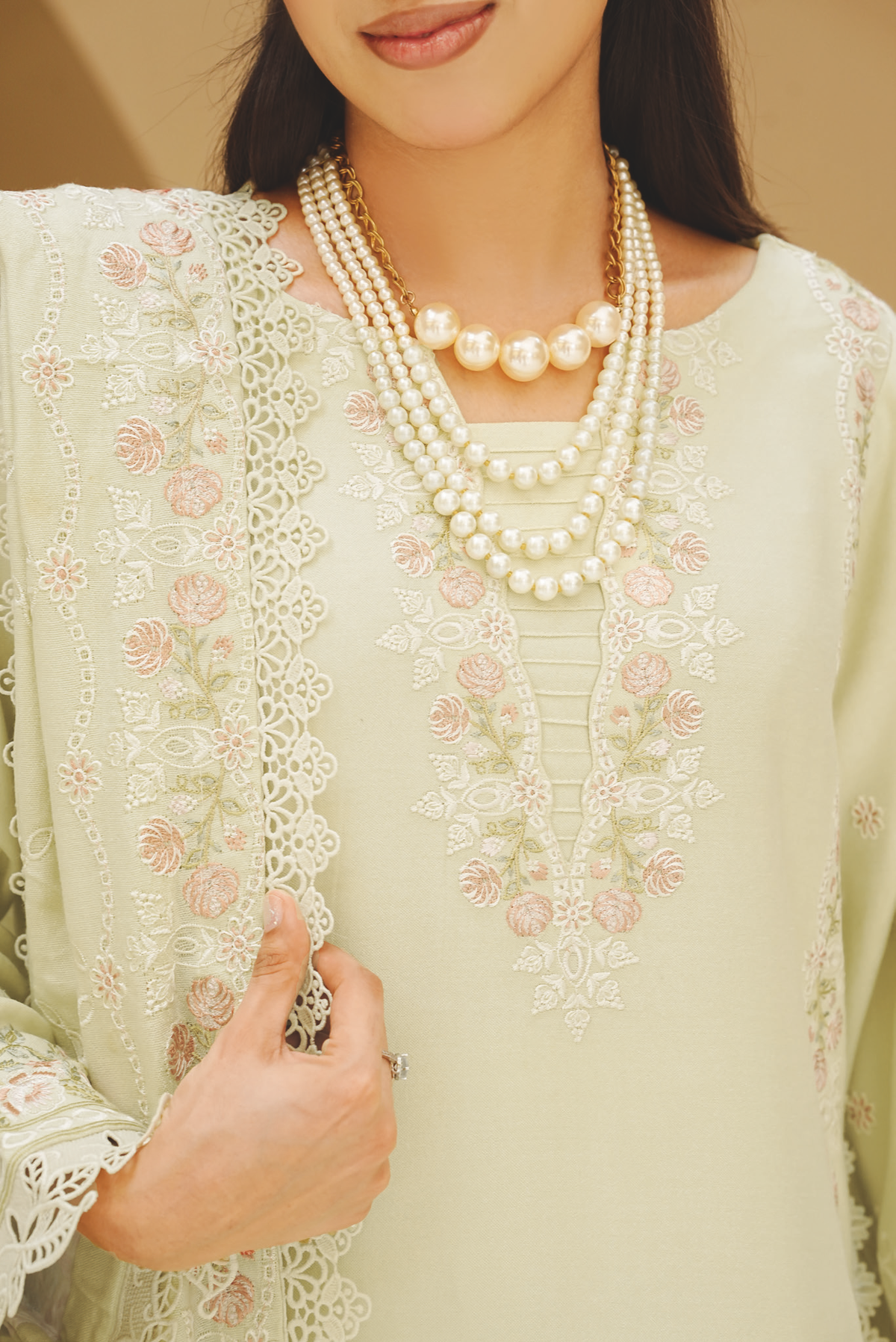 Elegant Embroidered Peach Leather Dress with Matching Wool Shawl