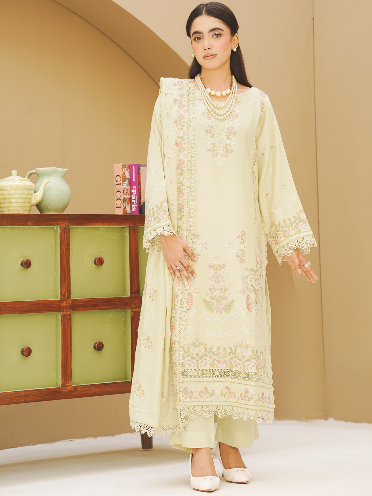 Elegant Embroidered Peach Leather Dress with Matching Wool Shawl