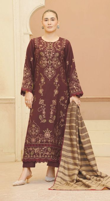 Embroidered Winter Ensemble with Premium Jacquard Wool Shawl