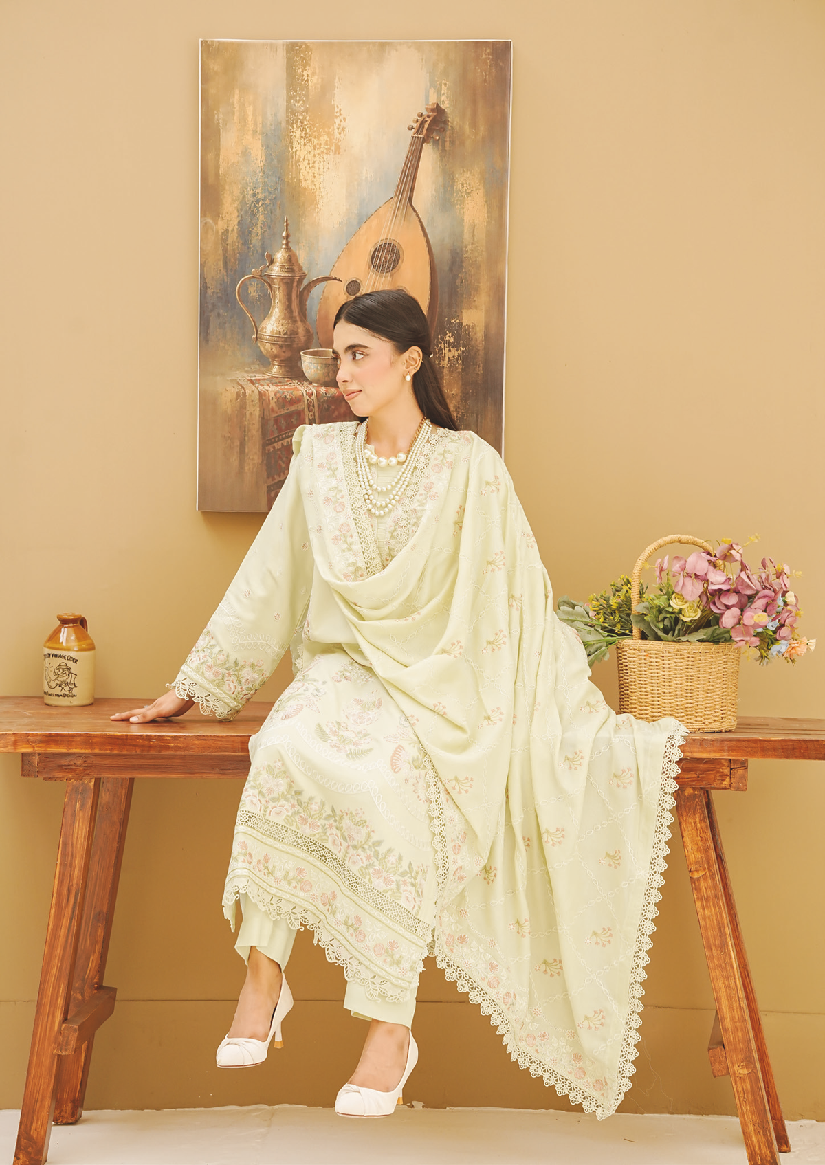 Elegant Embroidered Peach Leather Dress with Matching Wool Shawl