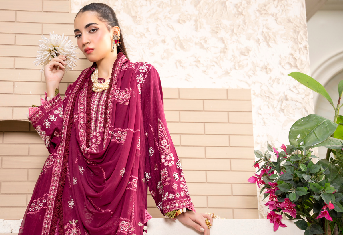 Maroon Embroidered Silk Viscose 3 Piece Suit with Bamber Chiffon Dupatta