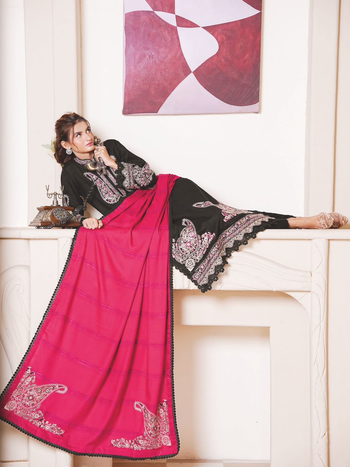 Luxury Embroidered Winter Wear with Premium Jacquard Wool Shawl