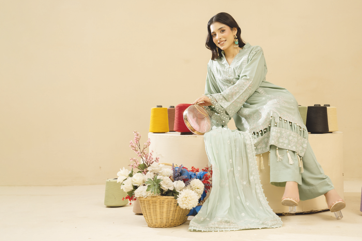 Embroidered Resham Karandi Suit with Embroidered Bamber Chiffon Dupatta