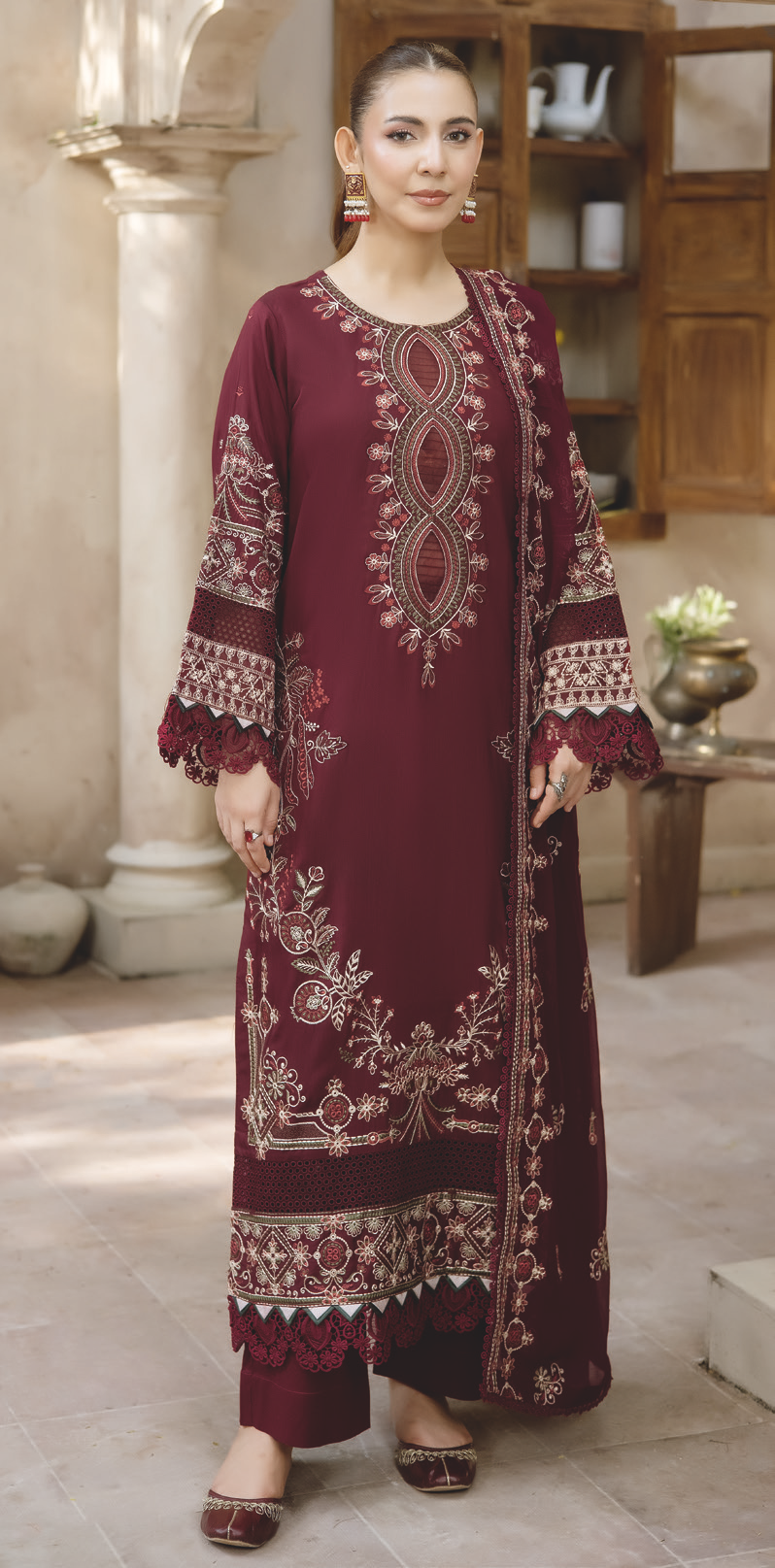 Luxury Silk Viscose Embroidered Ensemble with Chiffon Dupatta