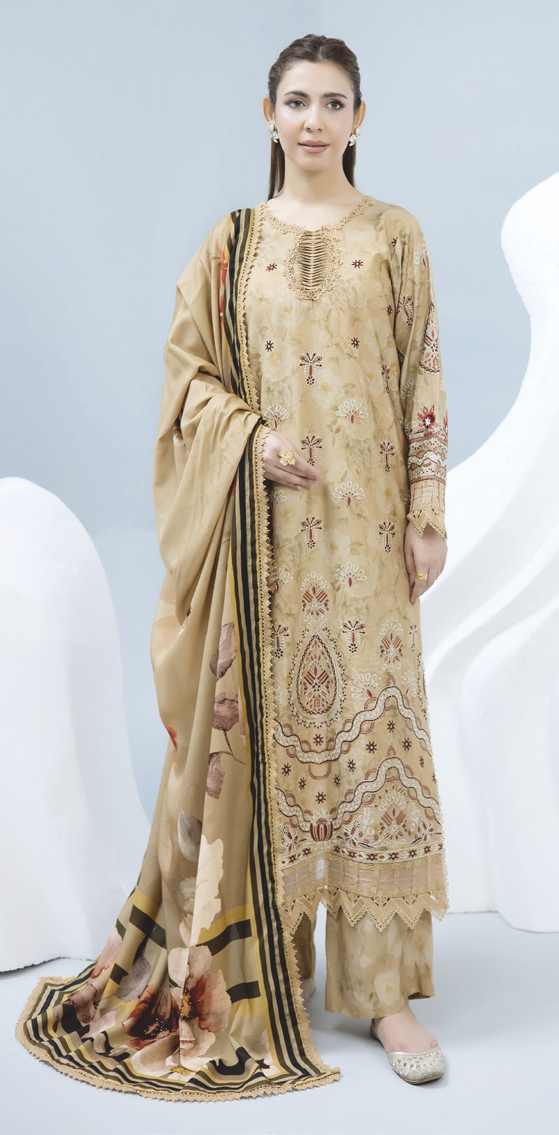 Premium Embroidered Staple Slub Suit with Printed Shawl and Trousers