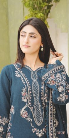 Elegant Embroidered Peach Leather Outfit with Matching Wool Shawl