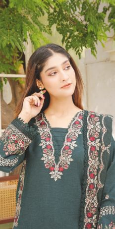 Traditional Embroidered Peach Leather 3-Piece Dress with Luxury Shawl