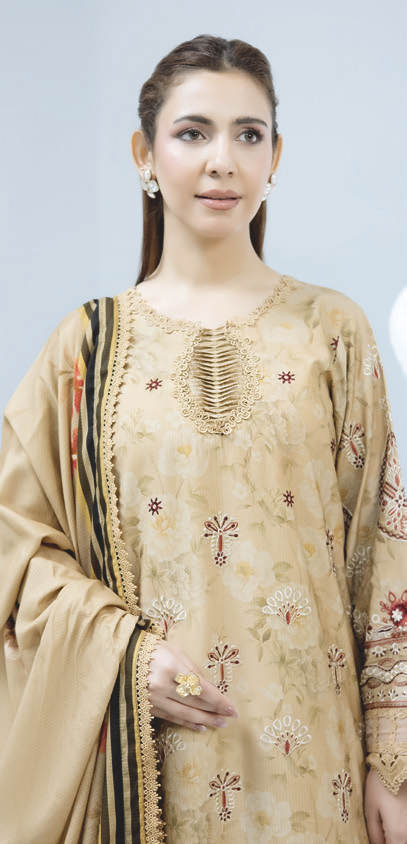 Premium Embroidered Staple Slub Suit with Printed Shawl and Trousers