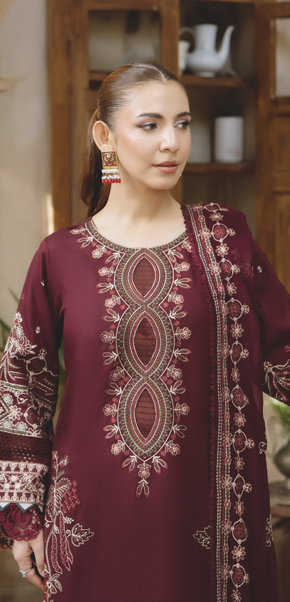 Luxury Silk Viscose Embroidered Ensemble with Chiffon Dupatta