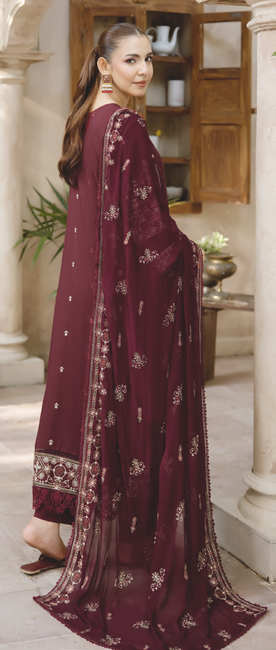 Luxury Silk Viscose Embroidered Ensemble with Chiffon Dupatta