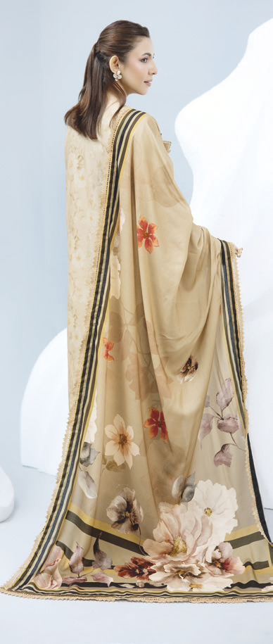 Premium Embroidered Staple Slub Suit with Printed Shawl and Trousers
