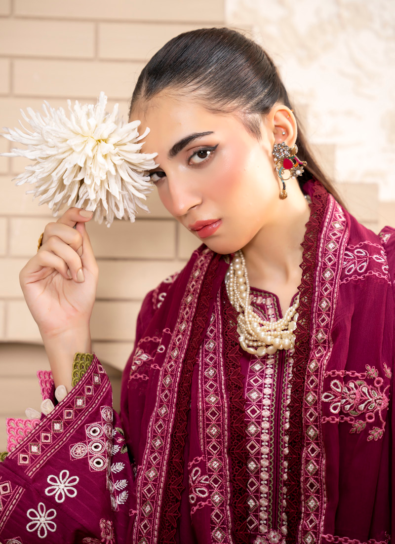 Maroon Embroidered Silk Viscose 3 Piece Suit with Bamber Chiffon Dupatta