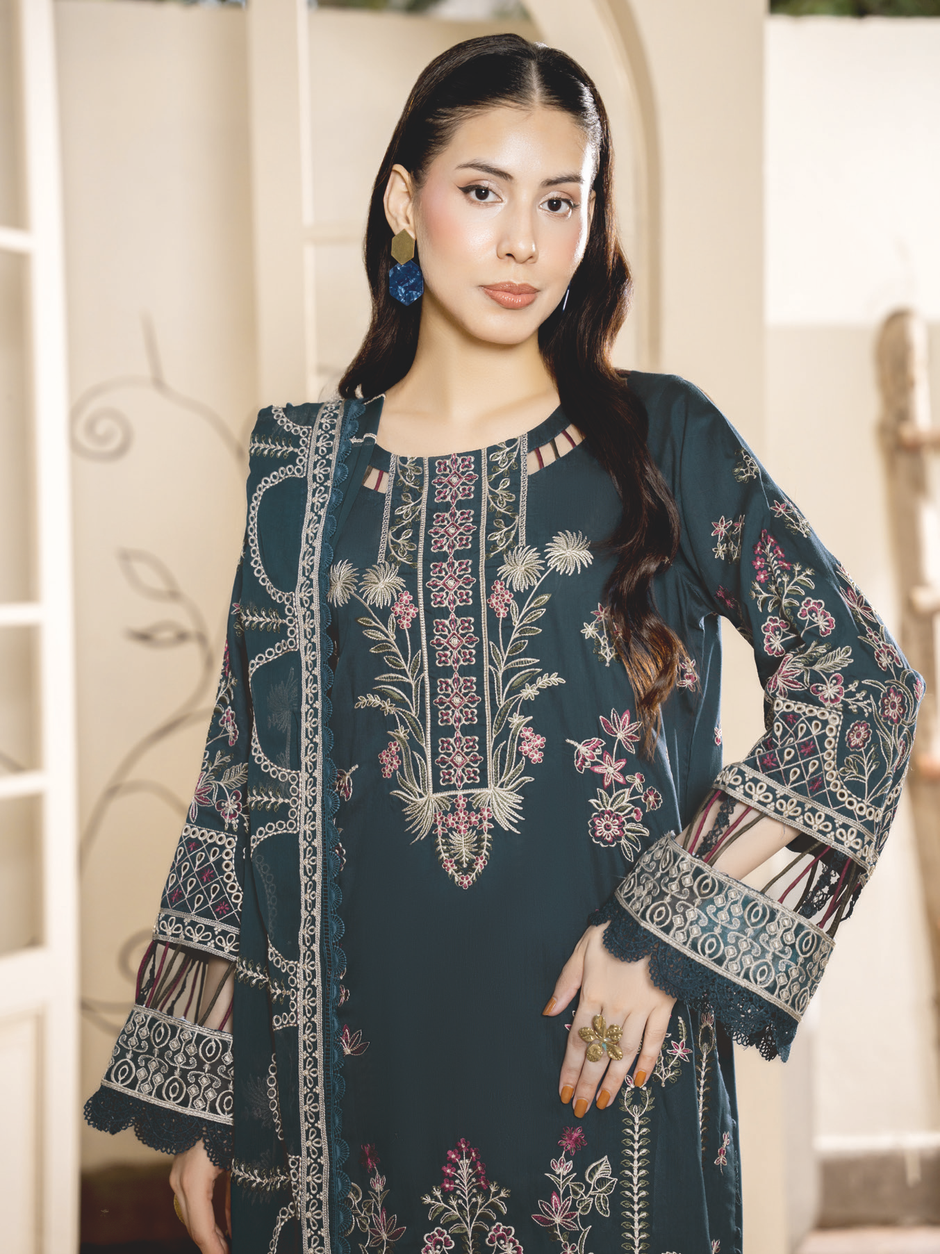 Classy Embroidered Silk Viscose Unstitched Suit with Bamber Chiffon Dupatta