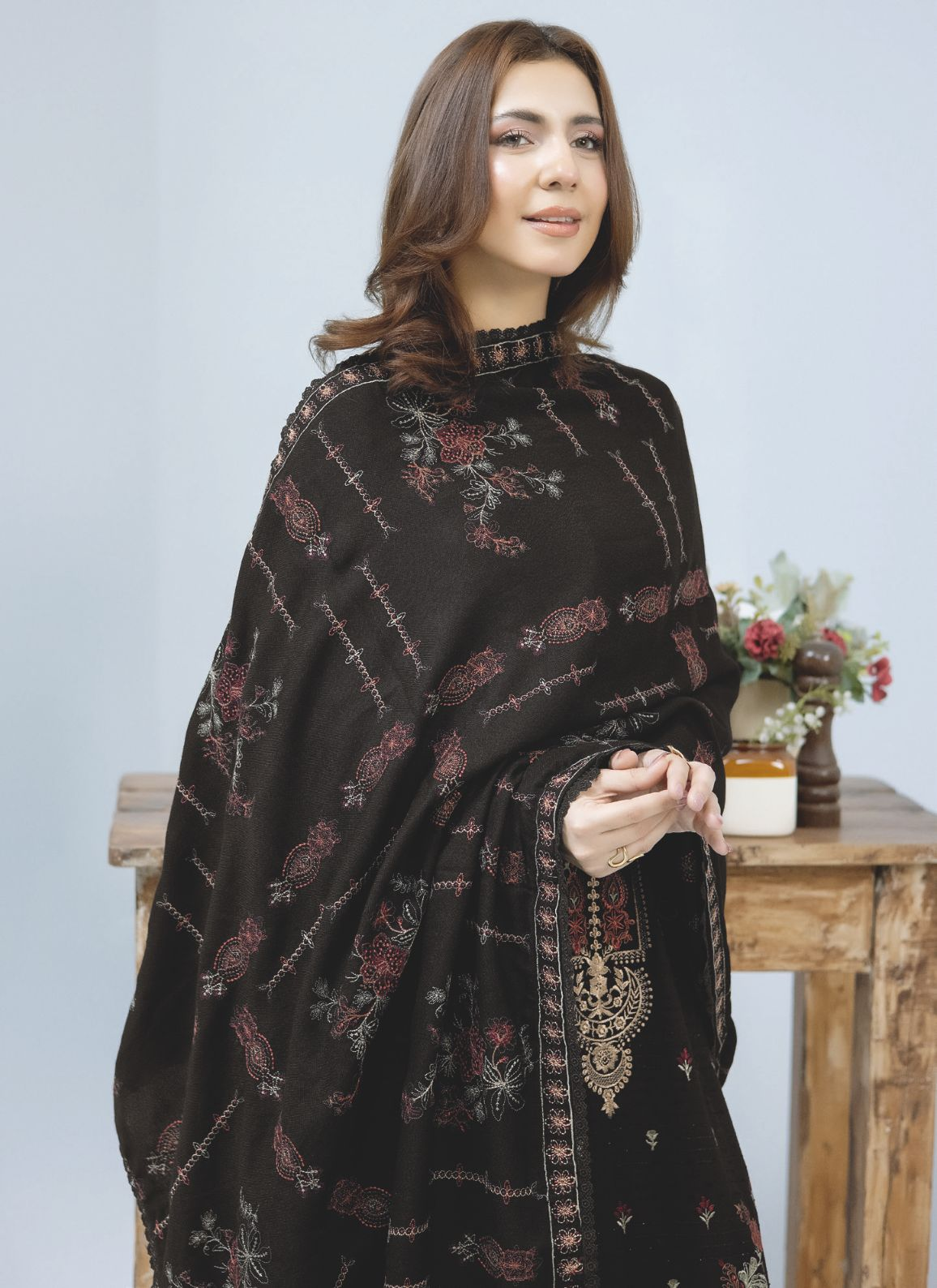 Elegant Embroidered Winter Dress with Luxury Wool Shawl