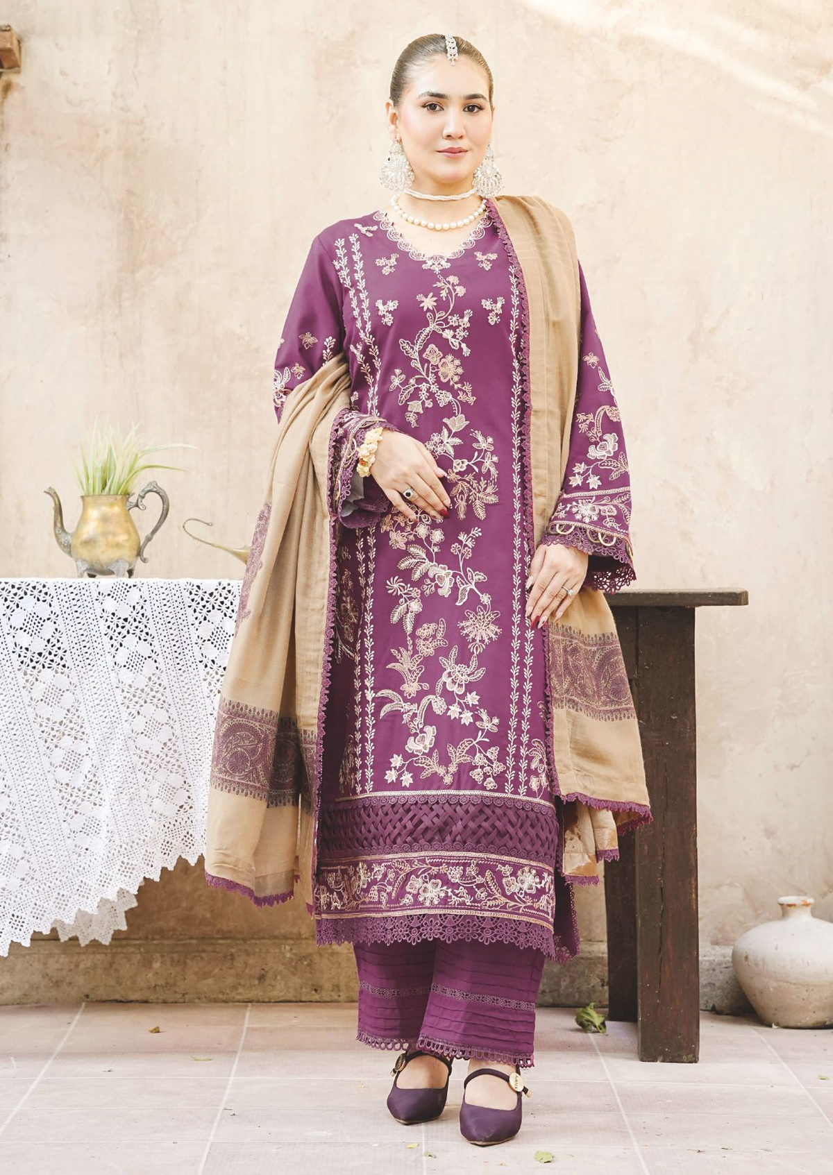 Designer Embroidered Winter 3-Piece with Jacquard Luxury Wool Shawl